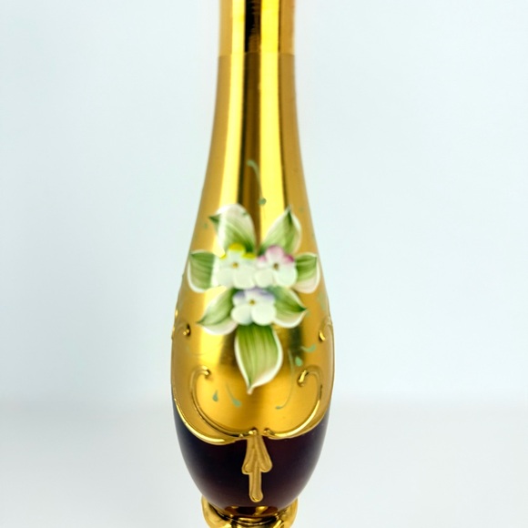 VTG Murano Venetian Ruby Glass & 24K Gold Paint 11” Hand Painted Floral Bud Vase - Picture 3 of 16